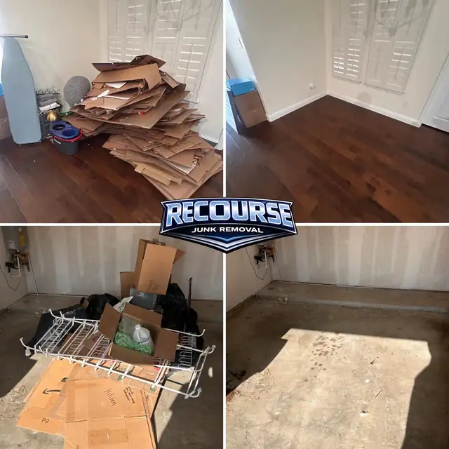 Before and after: flattened cardboard cleared from a room, and boxes and wire shelving cleared from a garage