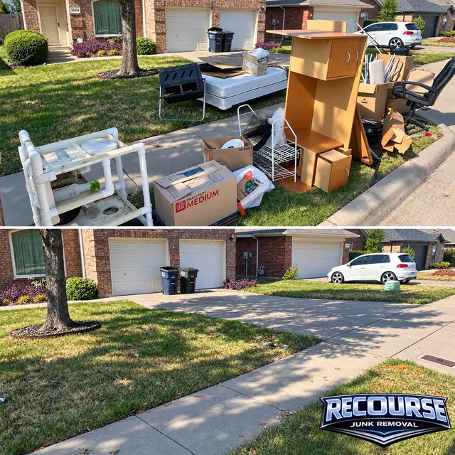 Before and after: furniture and household junk removed from a front yard