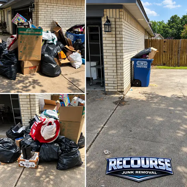 Before and after: bags and boxes cleared from a driveway