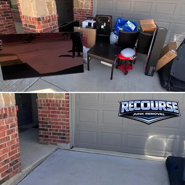 Before and after: a TV, furniture, boxes and toys cleared from a driveway