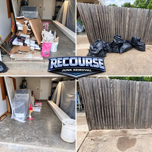 Before and after: garage clutter and fence-line bags removed