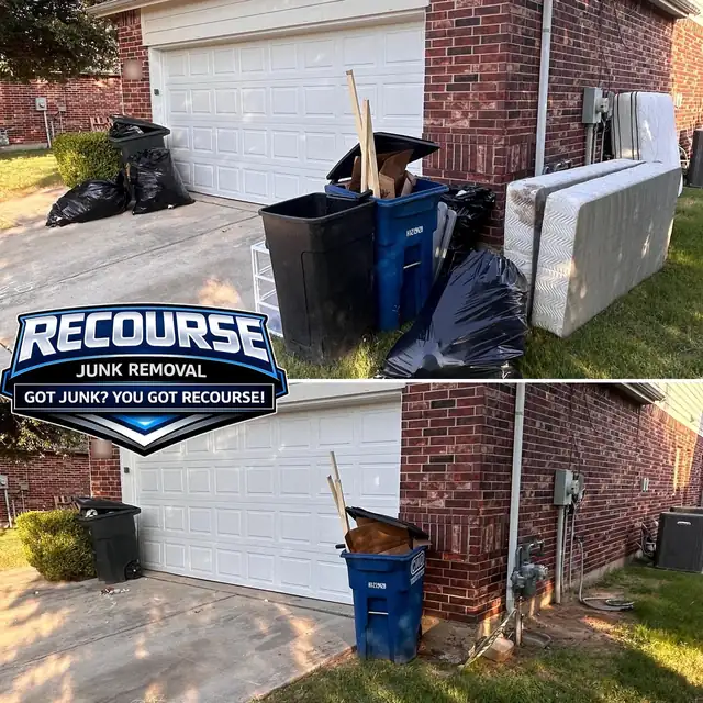 Before and after: trash bags and old mattresses removed from beside a garage