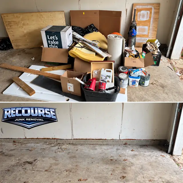 Before and after: a garage cleared of boxes, lumber and paint cans