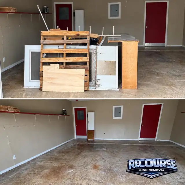 Before and after: wood pallets, plywood and an old cabinet cleared from a garage