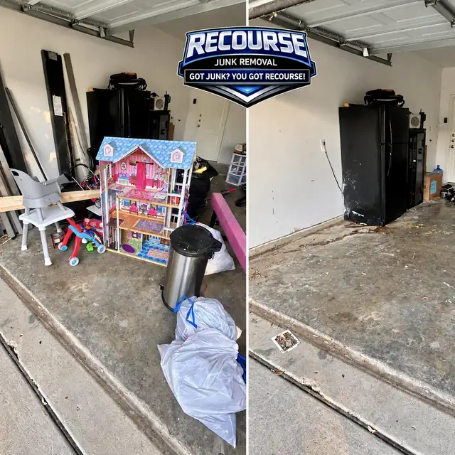Before and after: a garage cleared of toys, furniture and an old refrigerator