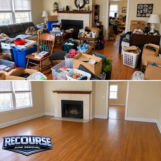 Before and after: a living room cleared of boxes, bins and household items