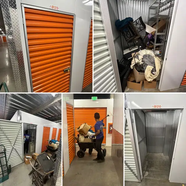 Storage unit cleanout: full unit, crew loading out, and the empty unit