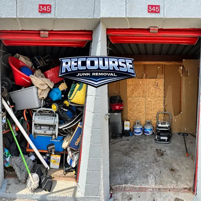Before and after: a packed storage unit emptied