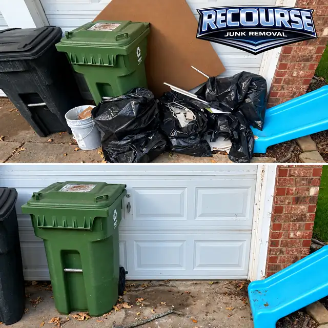 Before and after: trash bags and boards cleared from beside a garage