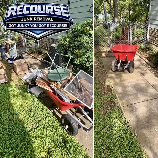 Before and after: broken wheelbarrows and yard junk cleared from a side yard