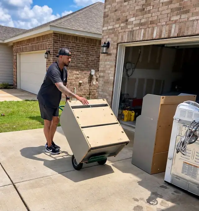 Recourse crew member wheeling a cabinet on a hand truck out of a garage