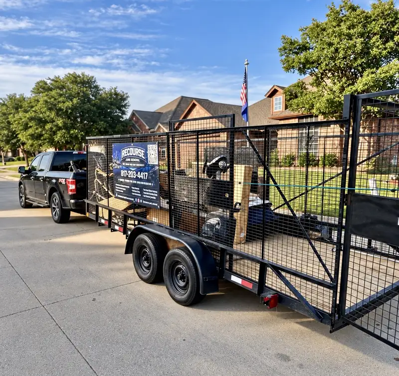 Recourse truck and branded trailer parked on a tree-lined residential street