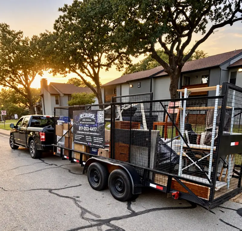 Recourse truck and loaded junk removal trailer on a residential street at sunset