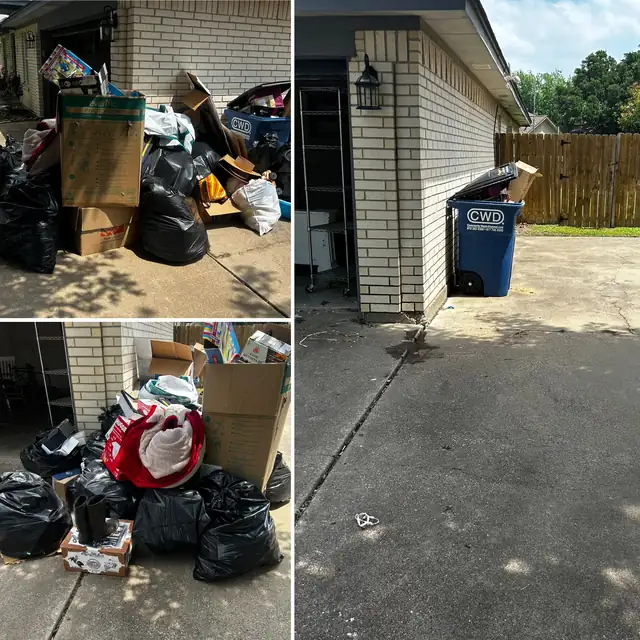 Before and after photos of bagged junk cleared from beside a house